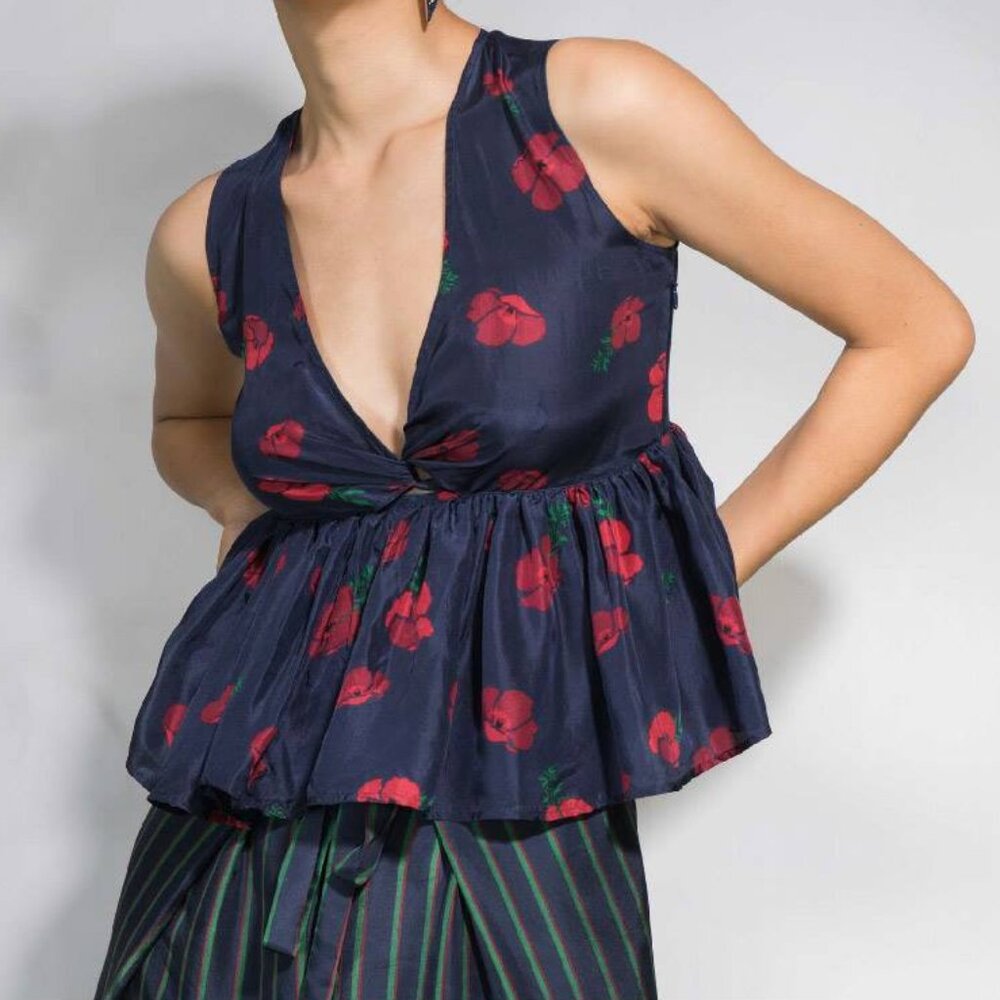 Navy Blue Poppy Fields 100% Silk Print